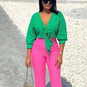 Zara Knotted Embroidery Green Top Small